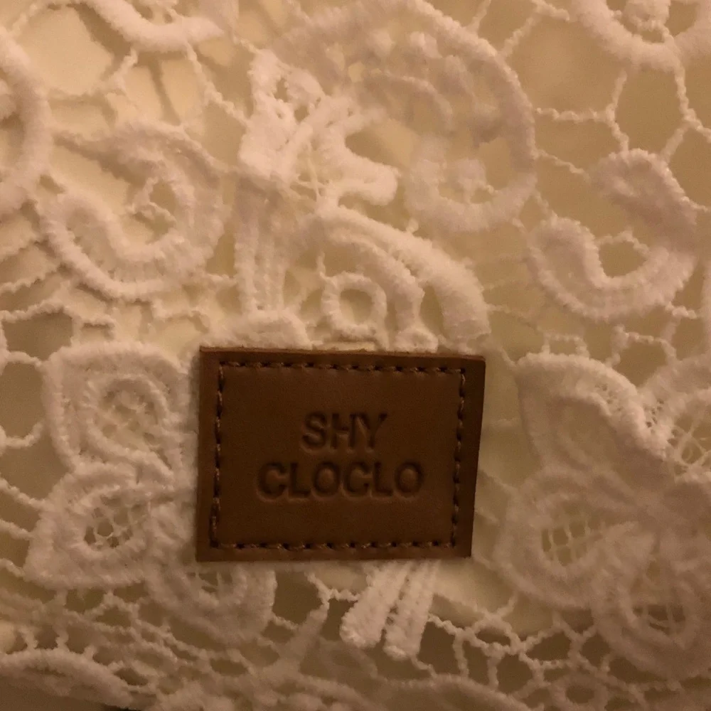 White Lace Tote Bag with Brown Handles
